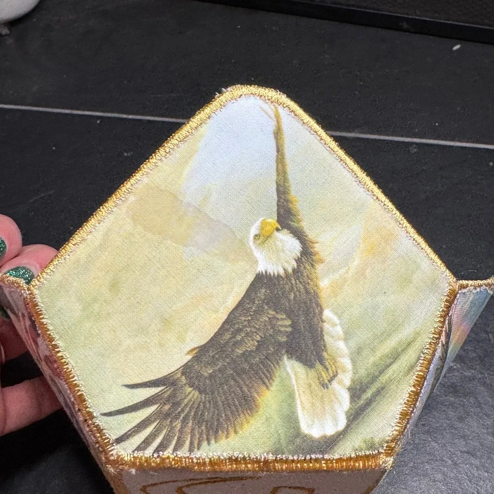 Vtg Native Southwest Fabric Trinket Bowl Wolves Eagles‎ Dreamcatcher Gold Indian